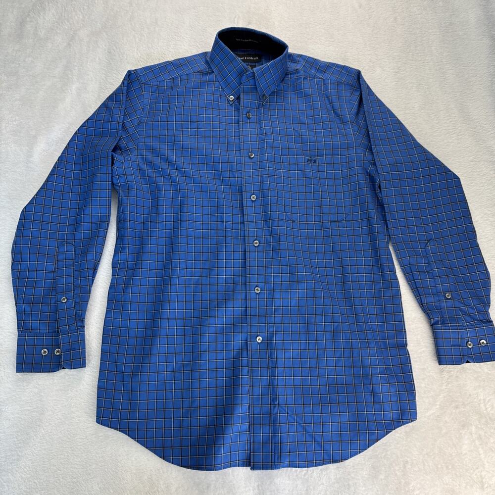 Paul Fredrick Dress Shirt Button Up Non Iron 15x32 Men Medium Blue Flip Cuff
